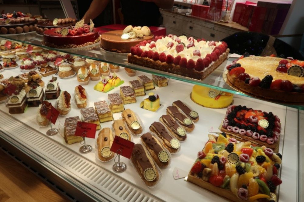 Patisserie display in French cake shop