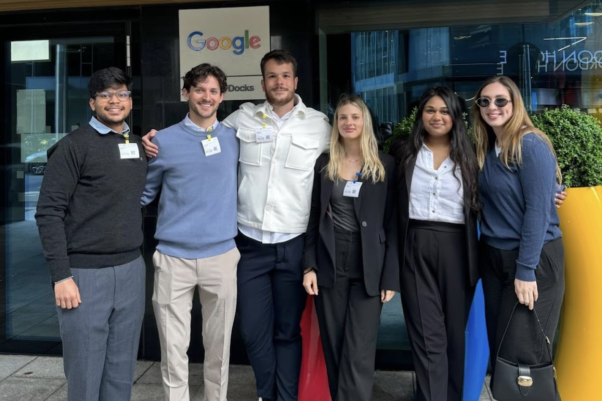A group of MSc Management students standing outside Google's European headquarters in Dublin