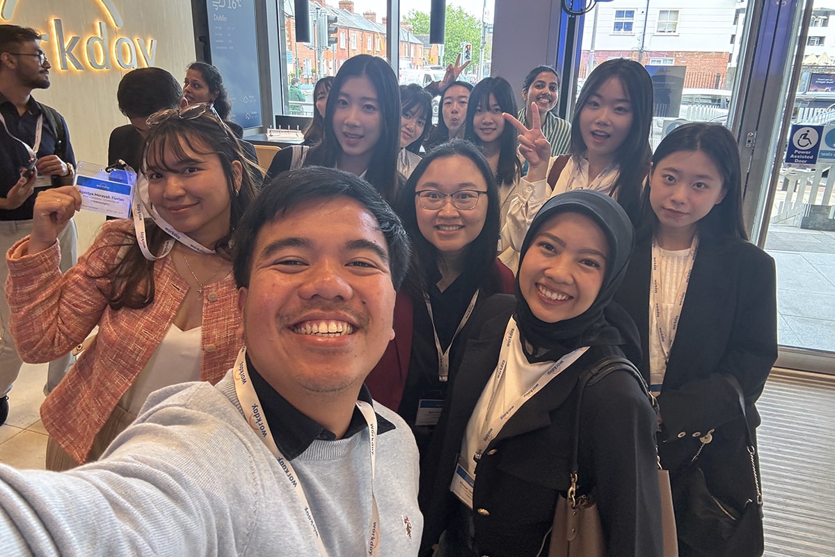 Selfie of a group of students at office reception in Dublin