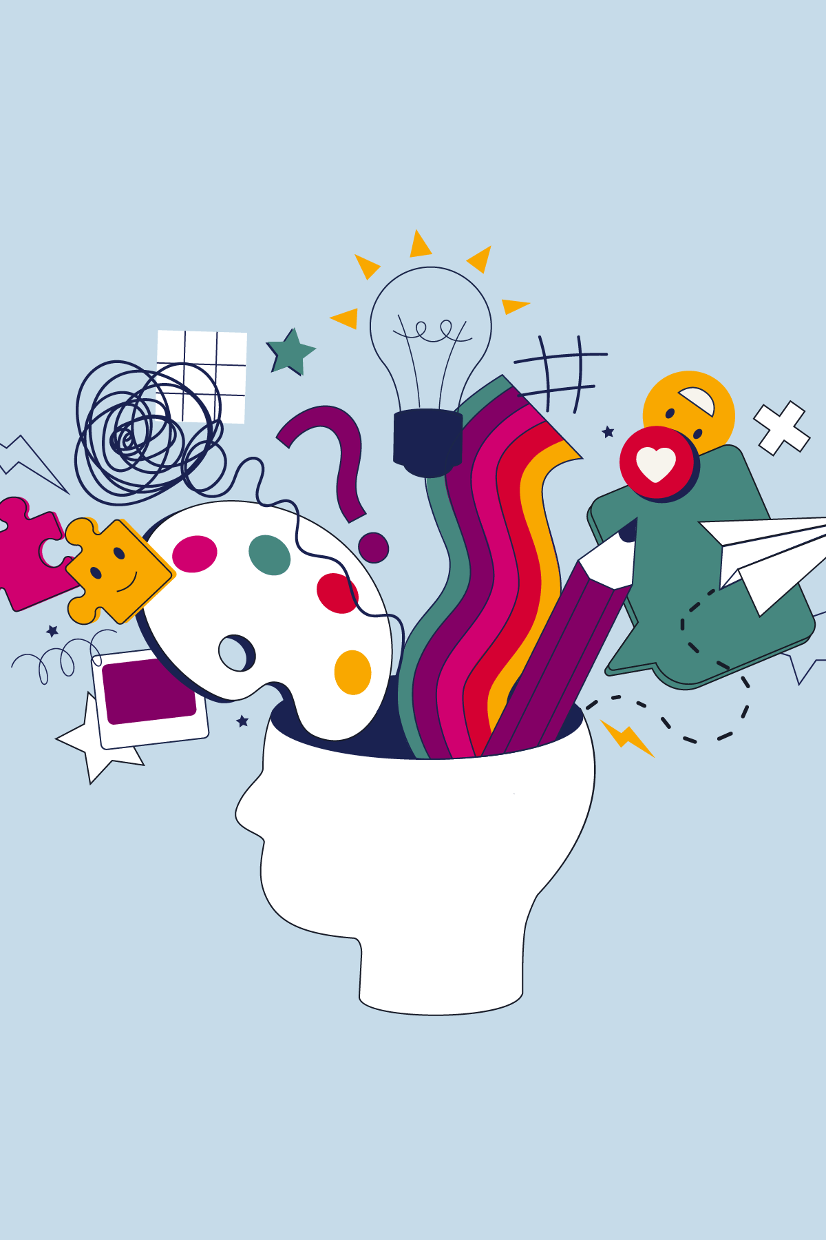 Illustration of a brain filled with various objects, symbolizing thoughts, ideas, and creativity.