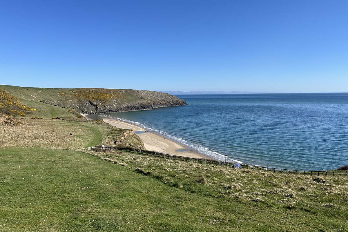 Beach surrounded by green fields