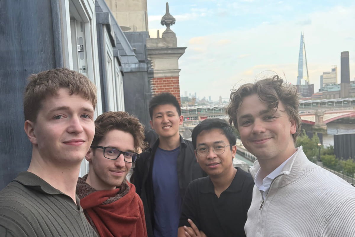 Five MSc students standing in front of a London landscape