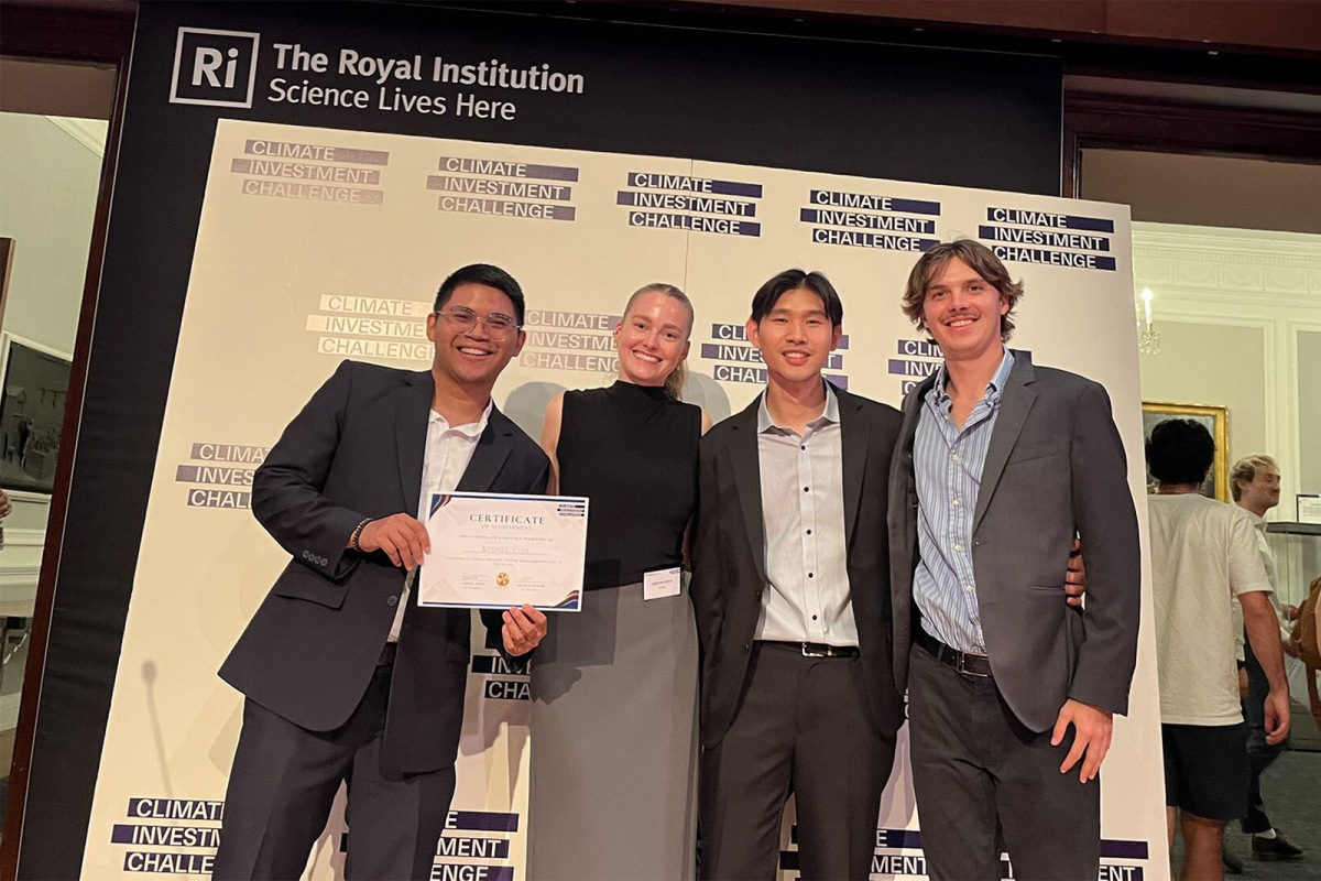 Four out of the five students from the MSc Climate Change Finance and Investment programme stand together, proudly holding a certificate awarded for their victory in the Main Competition Prize at the 2025 Climate Investment Challenge, hosted by Imperial College London.